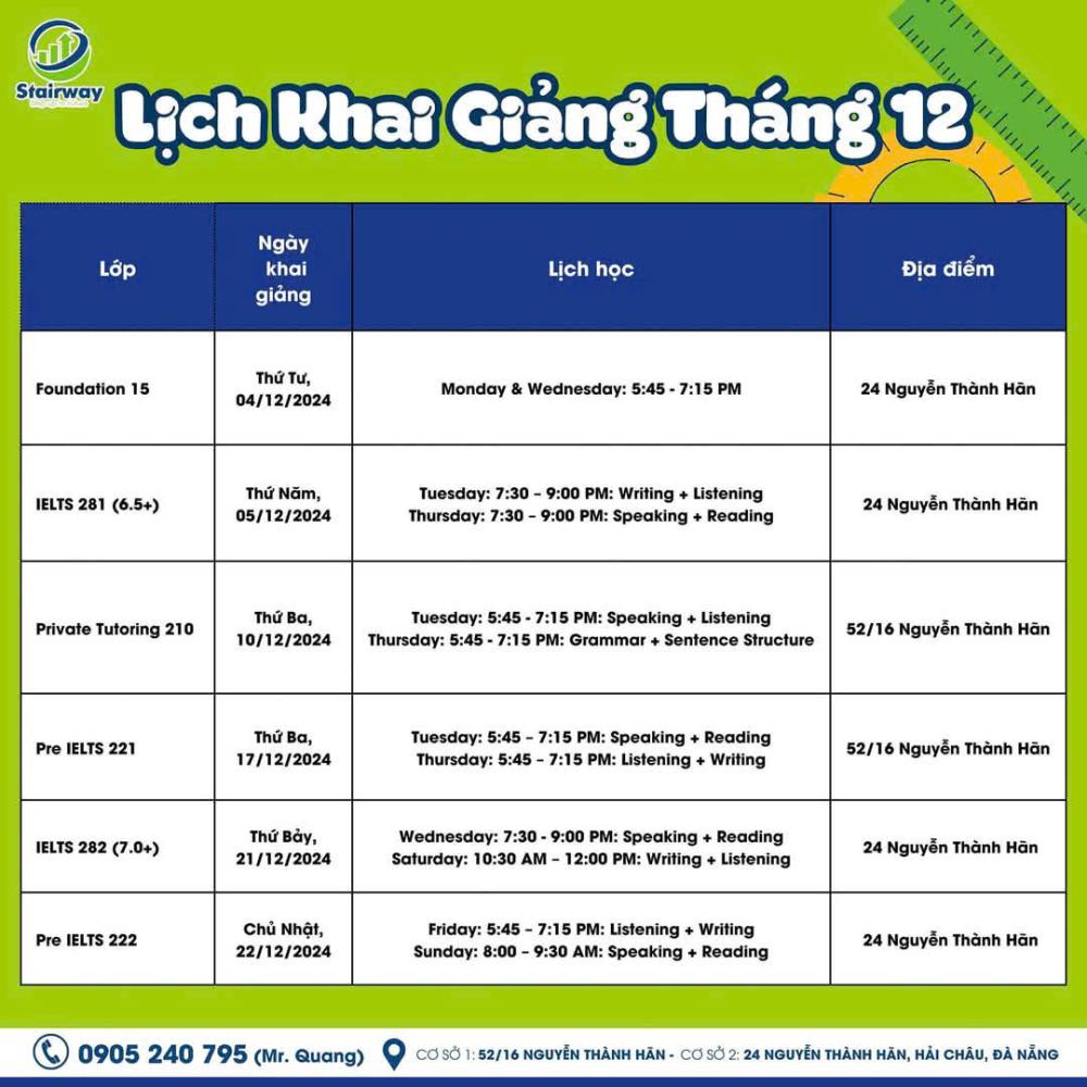 LỊCH KHAI GIẢNG THÁNG 12/2024