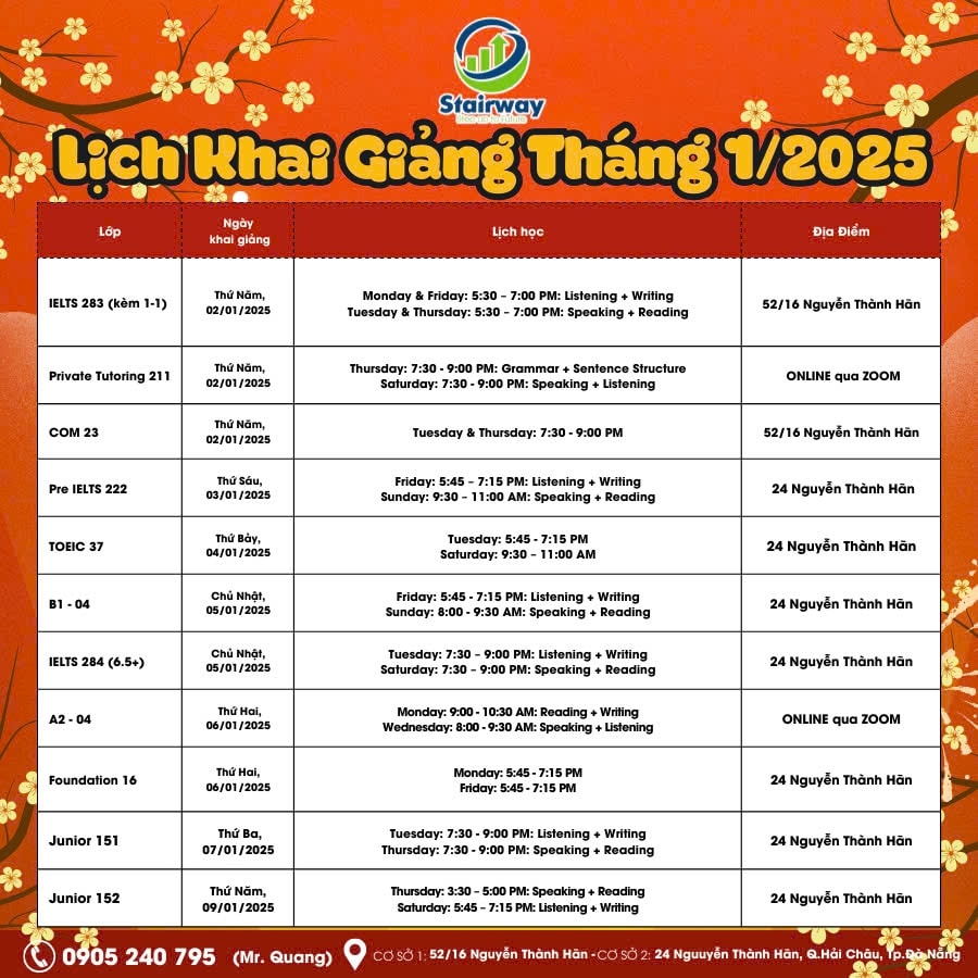 LỊCH KHAI GIẢNG THÁNG 1/2025