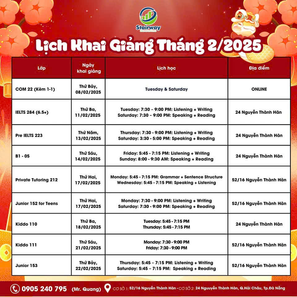 LỊCH KHAI GIẢNG THÁNG 2/2025