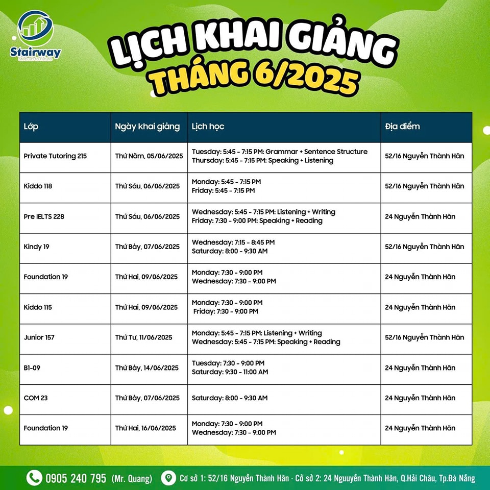 LỊCH KHAI GIẢNG THÁNG 06/2025