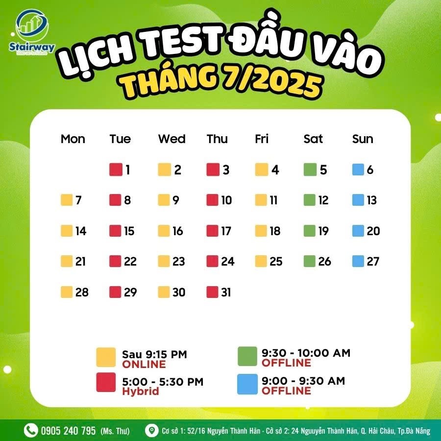 LỊCH TEST ĐẦU VÀO THÁNG 07/2025