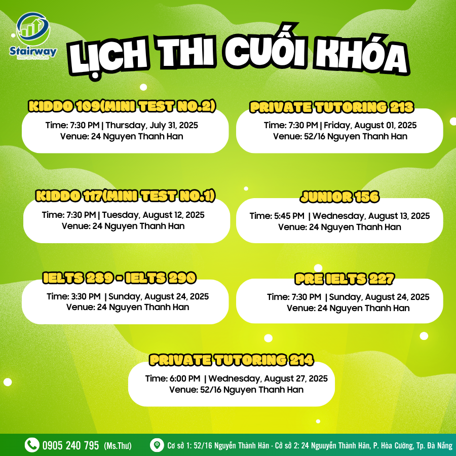 LỊCH THI CUỐI KHÓA THÁNG 08/2025