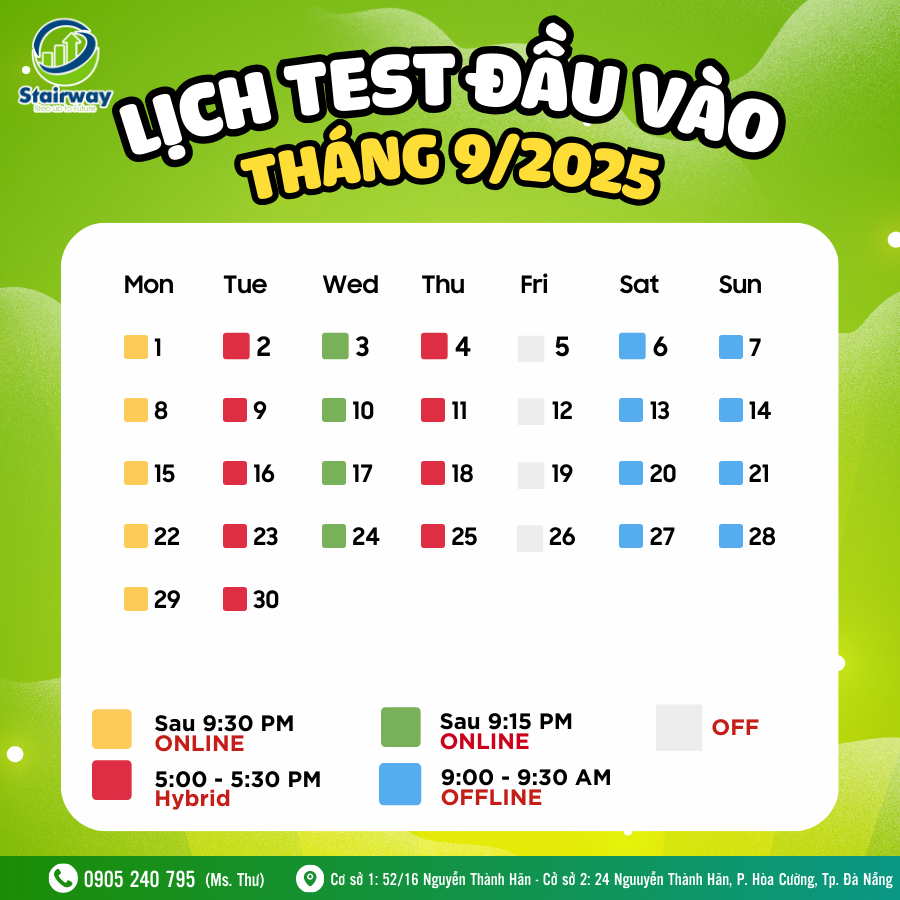 LỊCH TEST ĐẦU VÀO THÁNG 09/2025