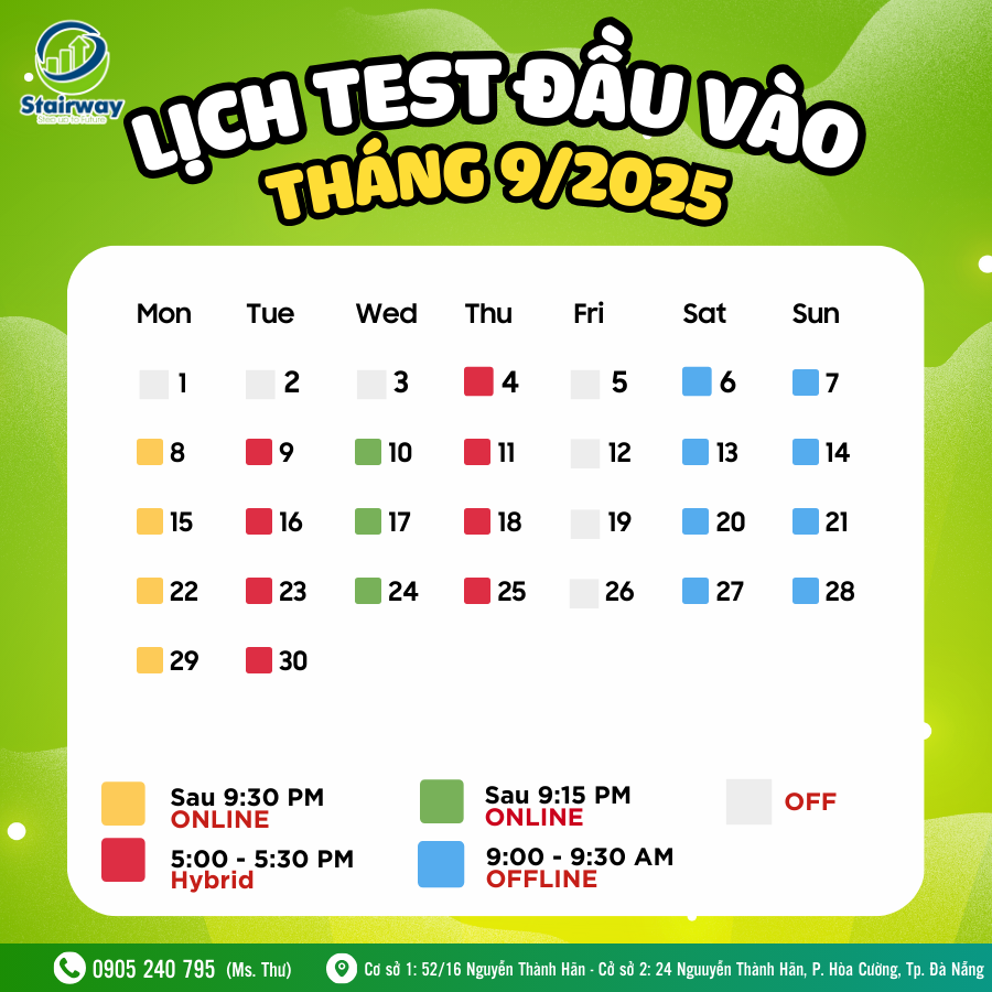 LỊCH TEST ĐẦU VÀO THÁNG 09/2025