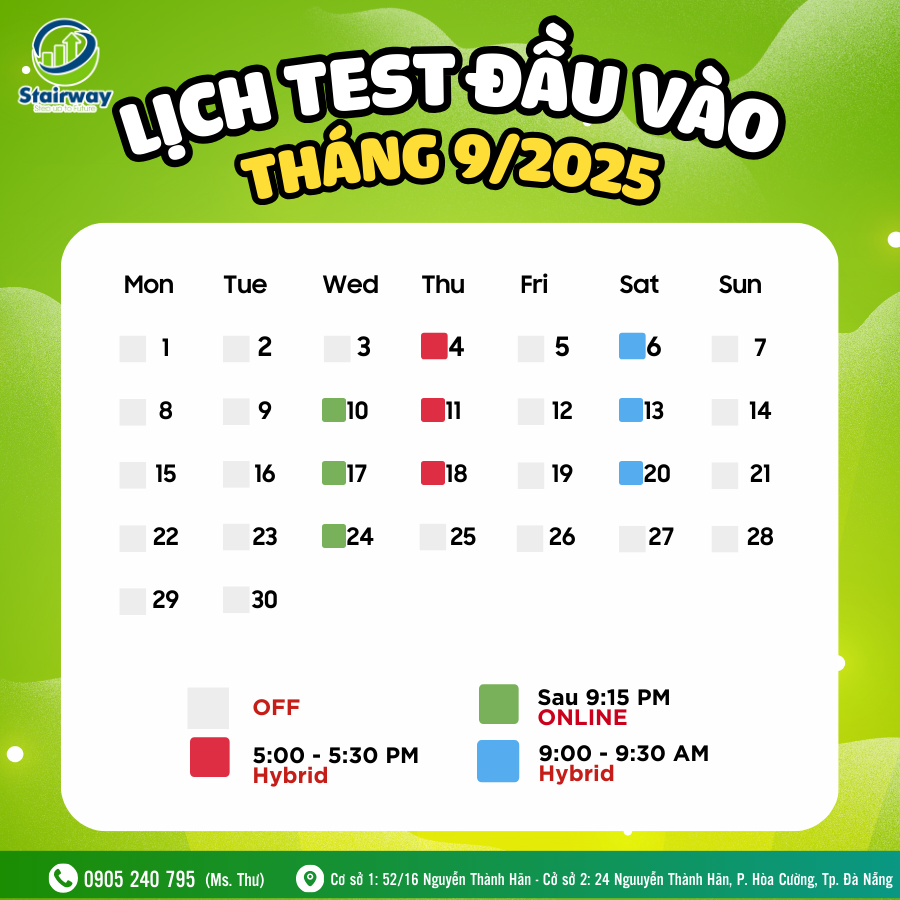 LỊCH TEST ĐẦU VÀO THÁNG 09/2025