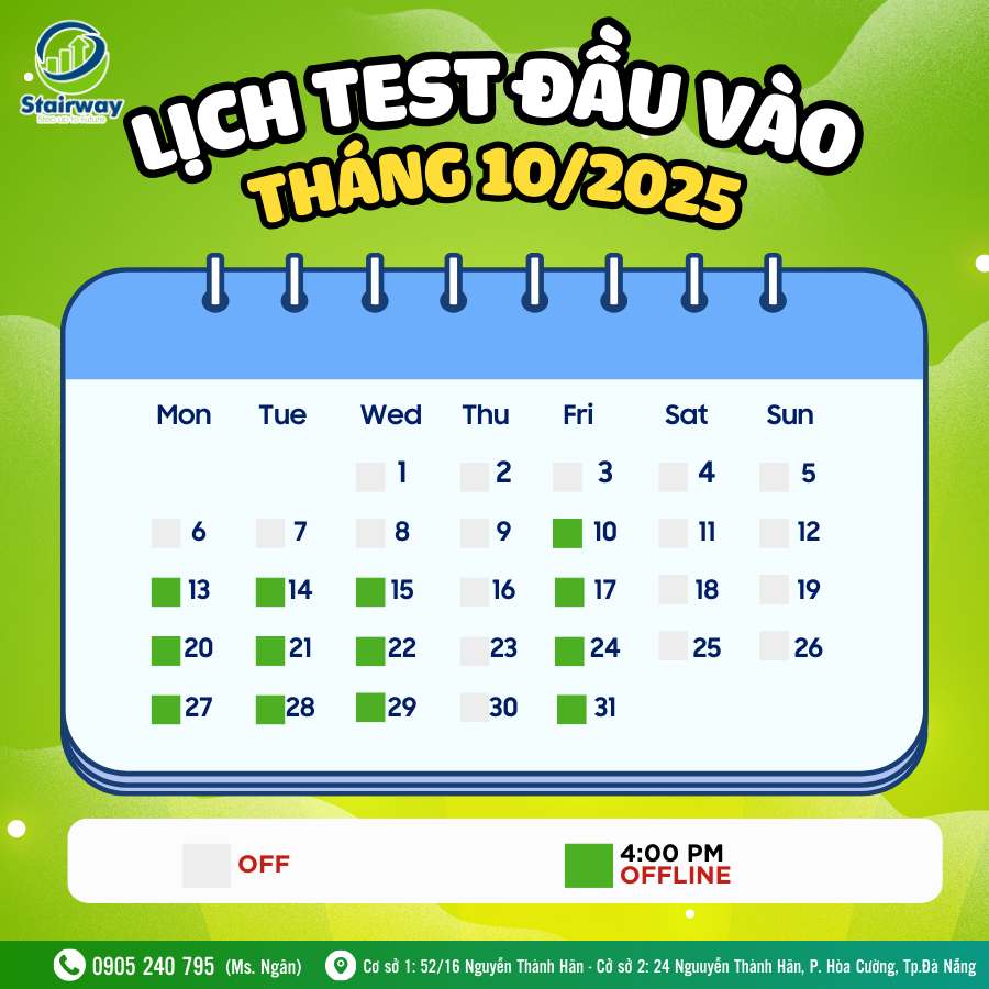 LỊCH TEST ĐẦU VÀO THÁNG 10/2025 