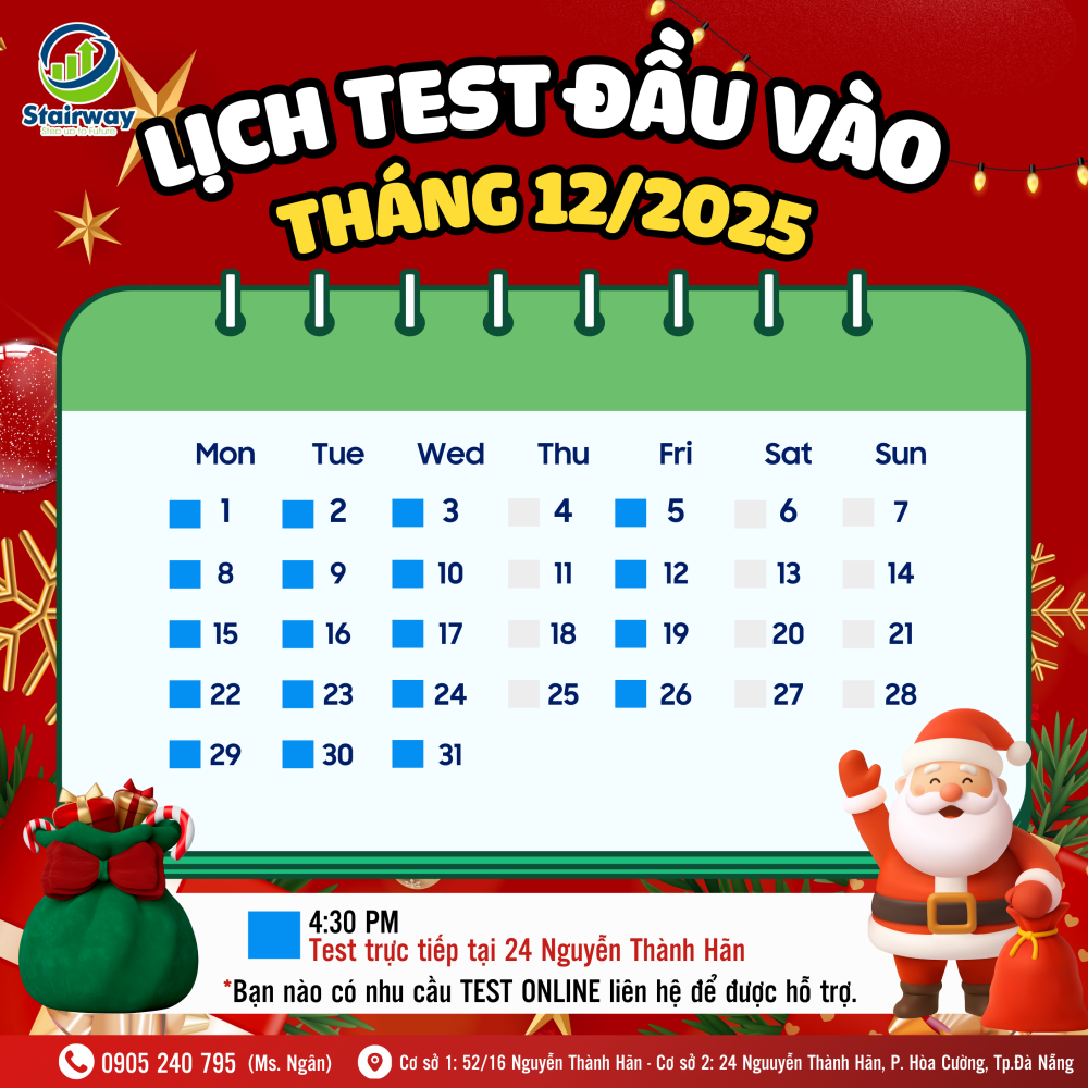  LỊCH TEST ĐẦU VÀO THÁNG 12/2025