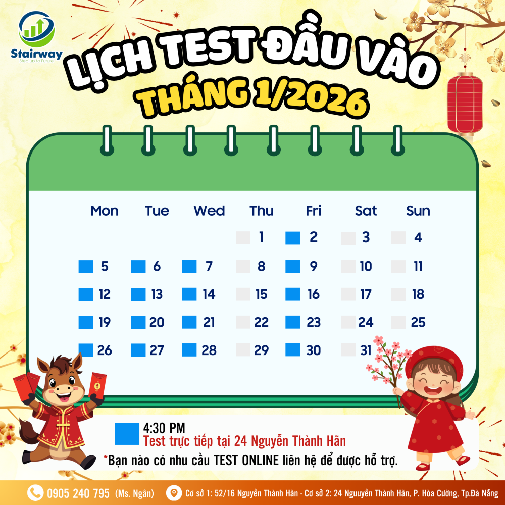 LỊCH TEST ĐẦU VÀO THÁNG 01/2026