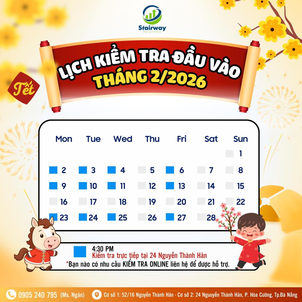 LỊCH TEST ĐẦU VÀO THÁNG 02/2026