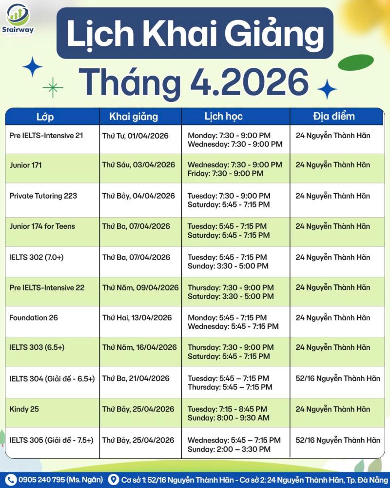 LỊCH KHAI GIẢNG THÁNG 04/2026