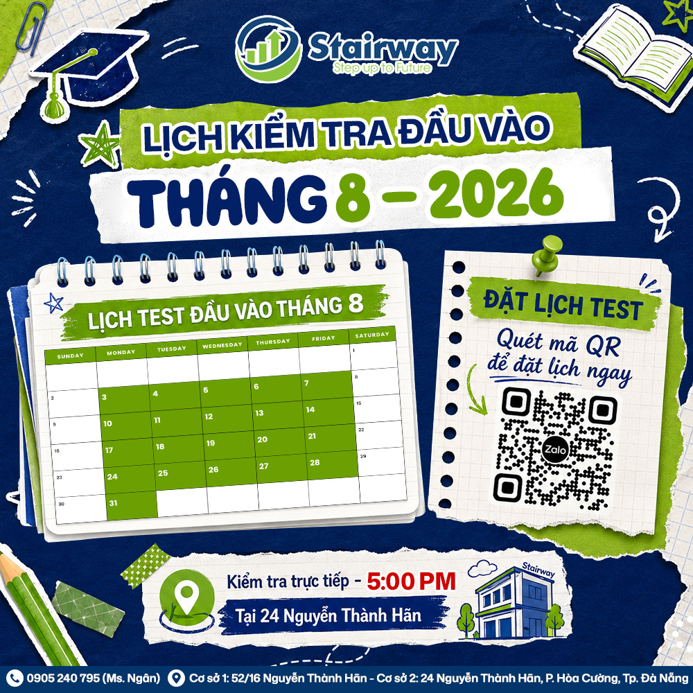 LỊCH TEST ĐẦU VÀO THÁNG 08/2026